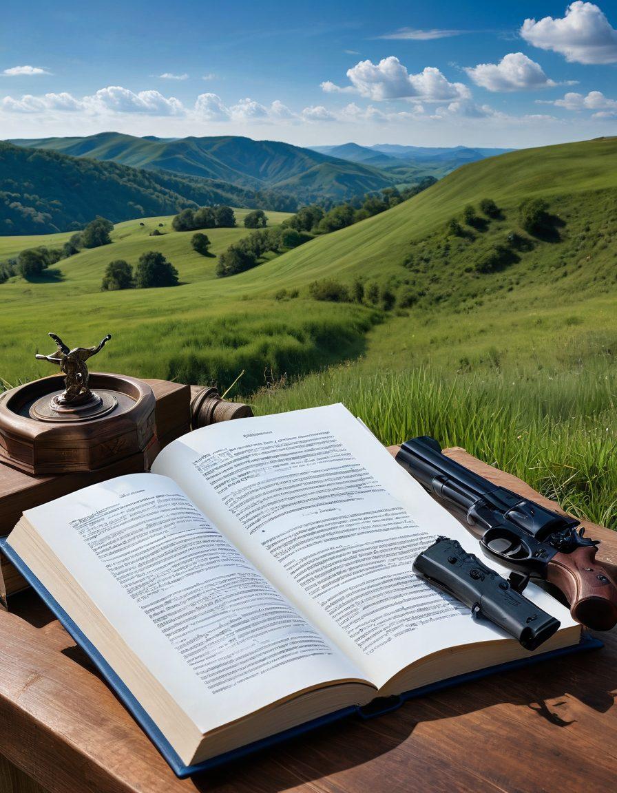 A visually striking composition featuring an open book with the title 'The Essential Guide to Gun Owner Insurance' prominently displayed on the pages. Surrounding the book, symbolic representations of rights and safety, such as a shield, scales of justice, and a silhouette of a responsible gun owner aiming at a target. The background showcases a serene landscape signifying peace of mind. The colors are bold with a slight emphasis on patriotic tones. super-realistic. vibrant colors.