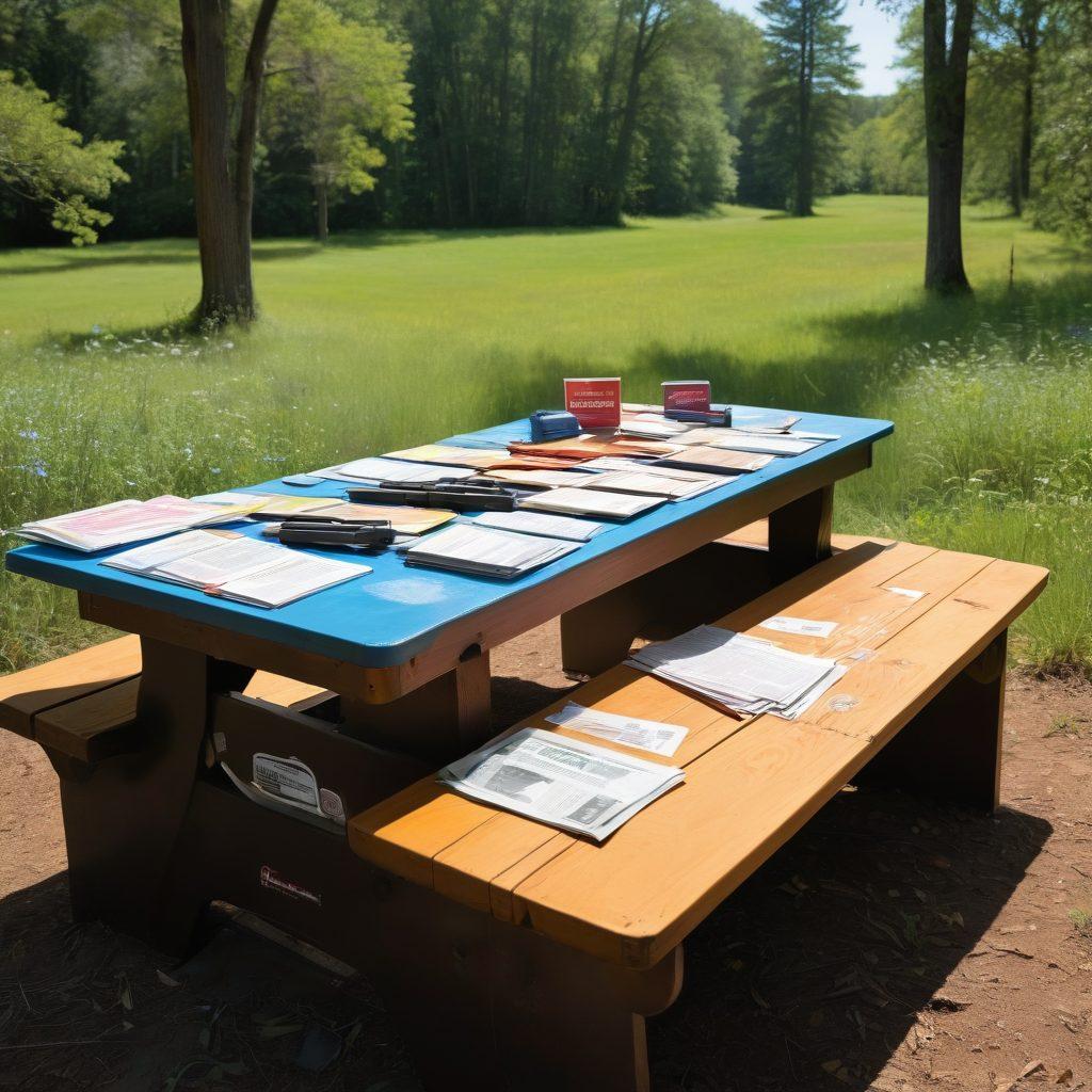 A serene outdoor landscape featuring responsible gun owners engaging in safe shooting practice at a range. Include elements such as a clear sky, targets in the distance, and safety gear prominently displayed. Surrounding the scene, showcase pamphlets or brochures about gun insurance policies spread on a picnic table. The mood should convey responsibility and education. vibrant colors. super-realistic.